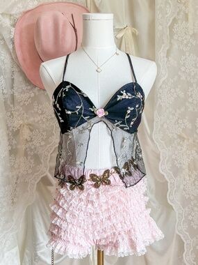 Sheer Embroidered Mesh Babydoll Open Back Top Coquette Fairy Lace Cami Rose Deta